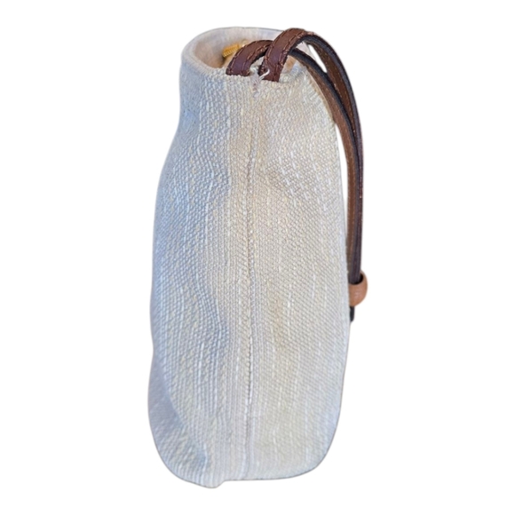 Italian Light Beige Woven Fabric Shoulder Bag With Brown Leather Strap - Picture 4 of 8